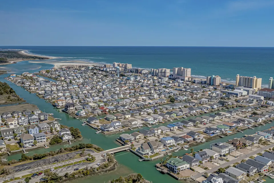 Aerial view of the channels and homes in Cherry Grove, North Myrtle Beach